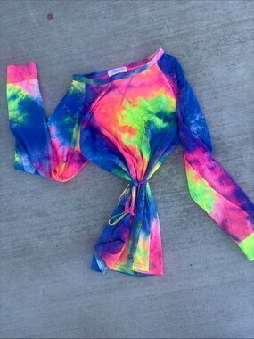 Tie-Dye Long Sleeve mini dress with Tie - Neon Multi colored